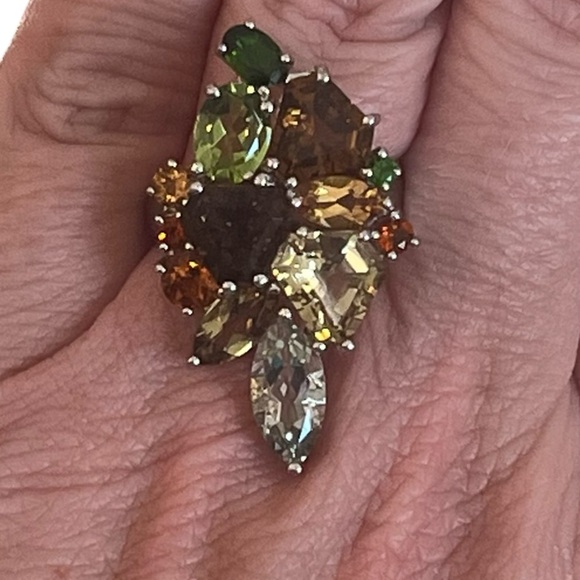 Sterling Silver Prasiolite Smoky Quartz, Citrine, Peridot, Tsavorite Ring Size 8 - Picture 7 of 11